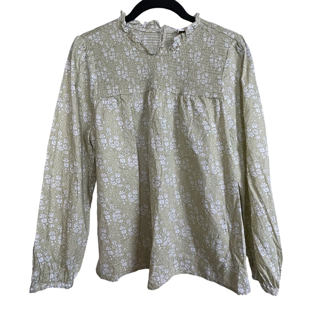 J.Crew Liberty M Green Floral Smocked Ruffle Shirt Prairie Cottagecore
